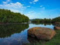 A beautiful and peaceful lakeside park view on a weekend morning