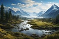 Beautiful peaceful landscape with mountain river and blue sky