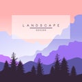 Beautiful peaceful mountain landscape in purple colors, nature background for banner, flyer, poster and cover, vector Royalty Free Stock Photo