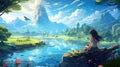 a beautiful peaceful paradise place on earth, a girl is watching a flowing river, anime manga artwork