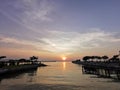 Beautiful peaceful quiet Sunset to the Thai gulf ocean with blue twilight evening sky and calm sea