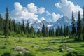 A beautiful, peaceful scene of a grassy field with trees and majestic mountains in the background, A Broad alpine meadow with