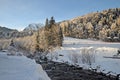 Beautiful peaceful winter landscape in the Frence Alps, at one of the ski stations, France. Mountain river at the forefront
