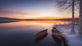 Beautiful peaceful winter season landscape, a canoes in the river in sunset, generative ai