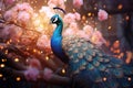 Beautiful Peacock Against A Magical Background. Fairytale Wallpaper. Magic Postcard