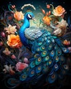 Beautiful peacock on the background of flowers.