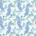 Beautiful peacock in blue tone seamless pattern background.