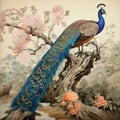 A Beautiful Peacock On The Branch With Tropical Japanese Flowers, Tree, Spring Wallpaper, Branches. Perfect For Vintage Wallpapers