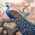 A Beautiful Peacock On The Branch With Tropical Japanese Flowers, Tree, Spring Wallpaper, Branches. Perfect For Vintage Wallpapers