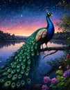 A beautiful peacock on a branch, by a water side of a lake, in summer night, twinkling stars, flower, bird, bold painting art