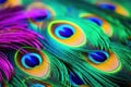 Beautiful peacock feathers close-up macro photo. Colorful background, Colorful peacock feathers against a vibrant background, Royalty Free Stock Photo