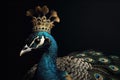 Beautiful Peacock In Gold Crown On Matte Black Background. Generative AI