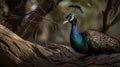 Beautiful peacock sitting on a tree with open feathers, generative ai