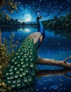 A beautiful peacock by water side of a lake, moonlit night, twinkling stars, summer, tree and branch ea, bold painting art, bird