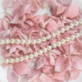 Beautiful pearl necklace on a background of pink rose petals. Ideal for greeting cards for wedding, birthday Royalty Free Stock Photo