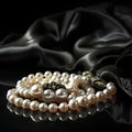 Beautiful pearl necklace on black silk background, close-up.