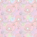 Beautiful pearl shell seamless pattern in rainbow background.