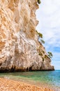 Beautiful pebble beach surrounded by high massive white limestone rocky cliffs eroded by Adriatic sea waves and wind. Green Aleppo Royalty Free Stock Photo