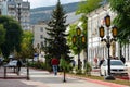 Beautiful pedestrian street in center of Feodosia city. Sunny autumn day. Feodosia, Crimea