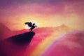 Beautiful pegasus painting, wild winged unicorn silhouette on the edge of a precipice. Fabulous sunset in a pink paradise, magic