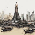 Beautiful pen and ink sketch of Bangkok, Thailand, minimalist, colored - 1