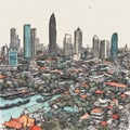 Beautiful pen and ink sketch of Bangkok, Thailand, minimalist, colored - 1