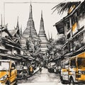 Beautiful pen and ink sketch of Bangkok, Thailand, minimalist, colored - 1