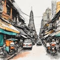 Beautiful pen and ink sketch of Bangkok, Thailand, minimalist, colored - 1