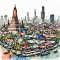 Beautiful pen and ink sketch of Bangkok, Thailand, minimalist, colored - 1