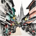 Beautiful pen and ink sketch of Bangkok, Thailand, minimalist, colored - 1