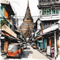 Beautiful pen and ink sketch of Bangkok, Thailand, minimalist, colored - 1