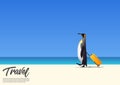 Beautiful Penguin walking and holding cabin case white sand beach while on summer vacation. Beach holiday poster.