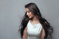 Beautiful perfect glamorous woman with long healthy windy blowing hair. Beautiful brunette portrait Royalty Free Stock Photo