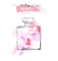 Beautiful perfume bottle, on watercolor background. Beautiful and fashion background. Vector