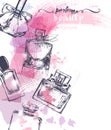 Beautiful perfume bottle, on watercolor background. Beautiful and fashion background. Vector