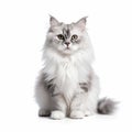 Beautiful persian white, grey fluffy cat sitting, front view. Cute kitten isolated on white Royalty Free Stock Photo