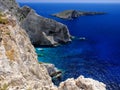 Beautiful perspective view on Zakynthos old amazing clift stone rocks blue water of Ionian Sea reefs Blue Caves and Ag. Ioannis is