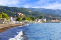 Beautiful Petra village,view with sea,houses and mountains,Lesvos island,Greece.