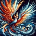 A beautiful phoenix in bold painting, black background, animal design, fantasy art, printable