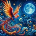 A beautiful phoenix flying in a beautiful sky, with the blue full moon, in a Van Gogh style painting, fantasy art, magical.animal