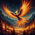 A beautiful phoenix with its wings spread, flying over a forest, mountains, bold painting, mythical animal