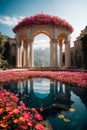 A blue pond and majestic gazebo arch in a mysterious and exotic floral temple.