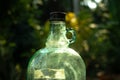 Green antique bottles and reflex light.