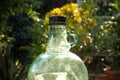 Green antique bottles and reflex light.