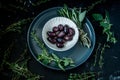 Beautiful  photo with olives, and herbs and olive oil, abstract background Royalty Free Stock Photo