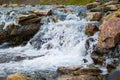 Beautiful photo of a small falls through boulders making a brook from a lake in the mountains of Snowdonia, Wales Royalty Free Stock Photo