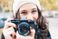 Beautiful photographer woman portrait in autumn