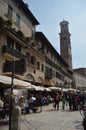 Beautiful Piazza Erbe Square With Its Altisima Dei Lamberti Tower In Verona. Travel, holidays, architecture. March 30, 2015.