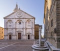 The beautiful Piazza Pio II, the Duomo and the dog well, Pienza, Siena, Tuscany, Italy, without people
