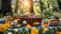 A beautiful picnic scene with fresh pastries and a basket with eggs in the garden. An Easter breakfast picnic concept Royalty Free Stock Photo